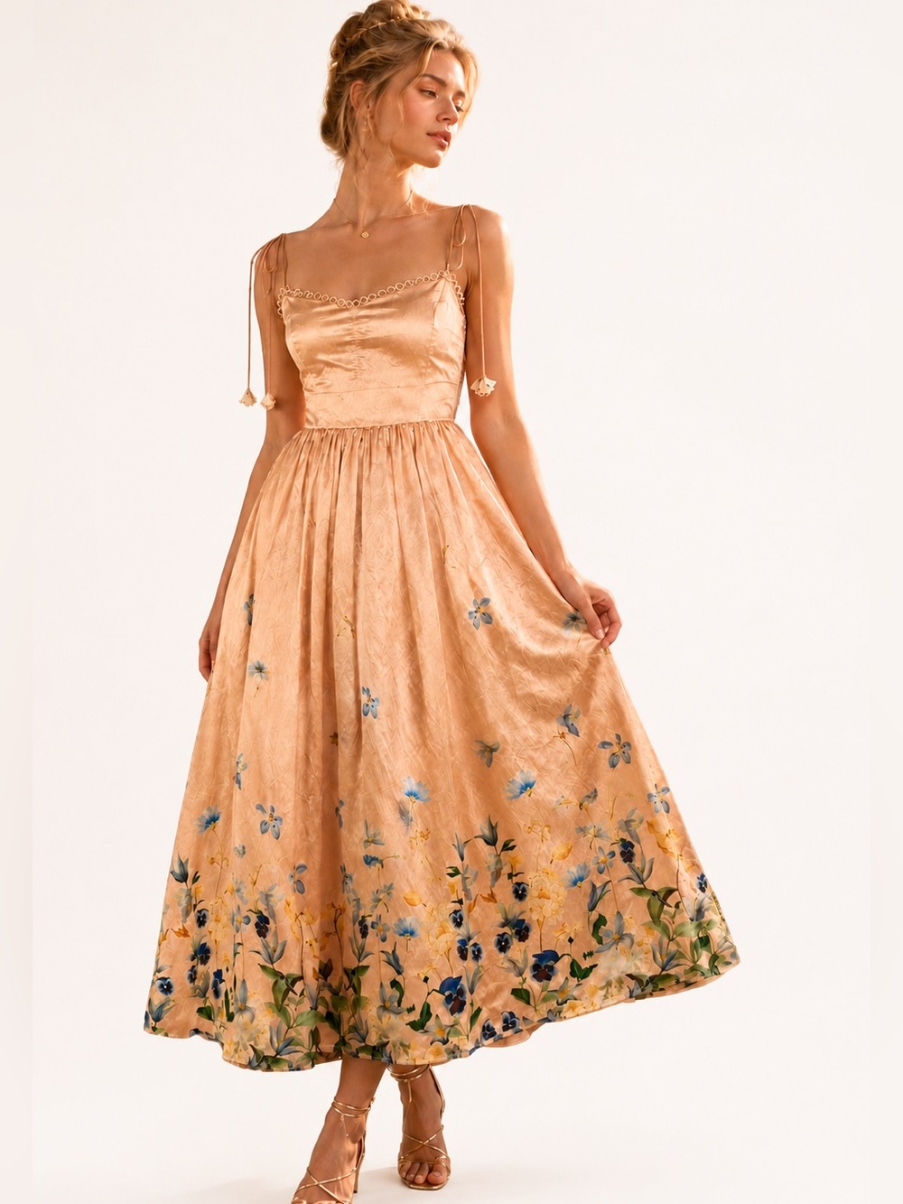 En Saison Peach Floral Corset Midi Dress Cottagecore Fairycore Romantic XS